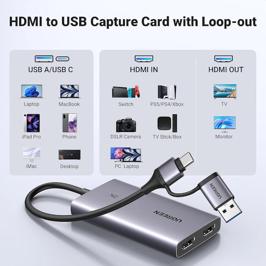 HDMI към USB-C/USB-A карта за заснемане на видео 4K Loop-out 2K 30Hz запис Plug & Play за живо излъчване съвместима със смартфон конзола DSLR камера лаптоп Windows PC MacOS Linux