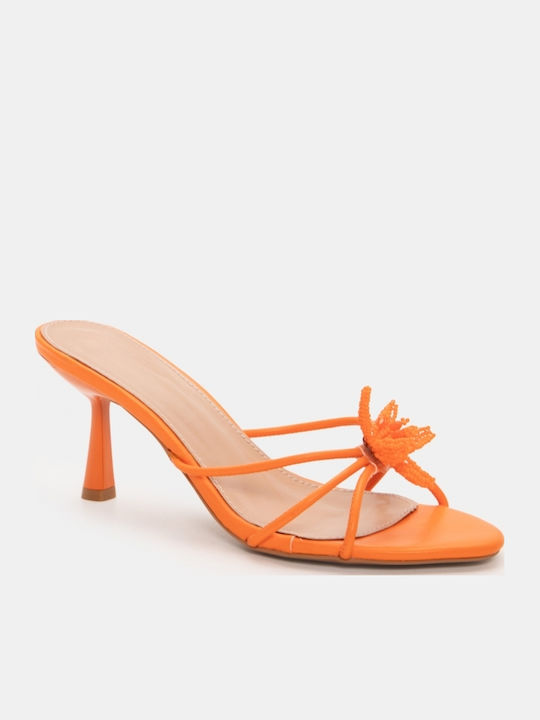 Women's Mules with Thin High Heel in Orange Color