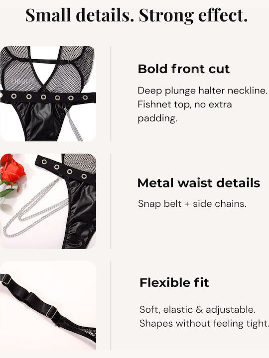 Sexy Schwarzes Bodysuit Damen Aus Netzstoff Kunstleder Obro Mit Zartieren Tiefem Ausschnitt
