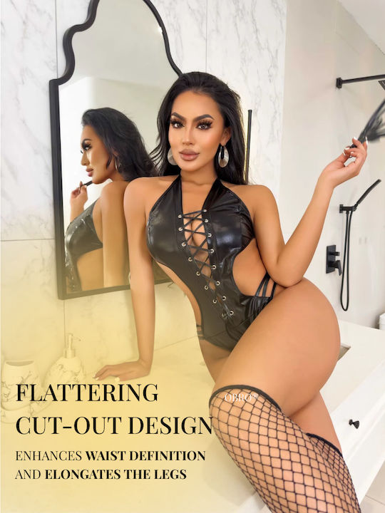 Sexy Body Women Obro Black Leather Look Adjustable Lace Cutouts Slim Waist Effect