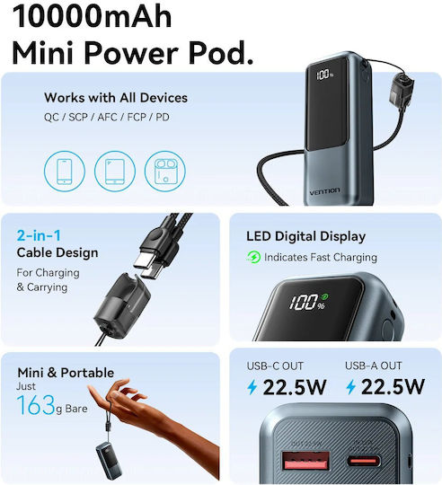 Vention Power Bank 10000mAh 22.5W with USB-A Port and USB-C Power Delivery Port