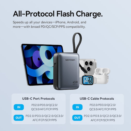 Vention Power Bank 10000mAh 45W Power Delivery Μπεζ
