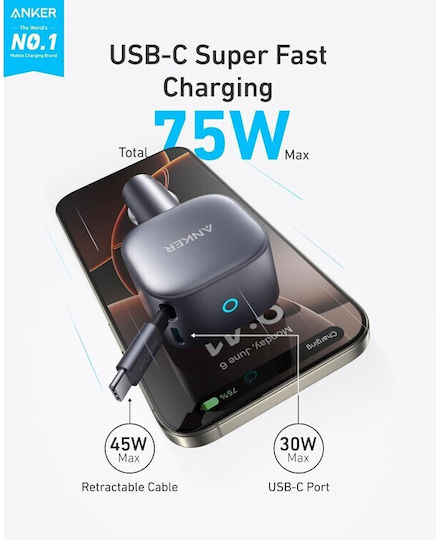 Anker Anker Auto-Ladegerät 75W Schnellladen mit 1xType-C Anschluss und Kabel Typ-C Schwarz