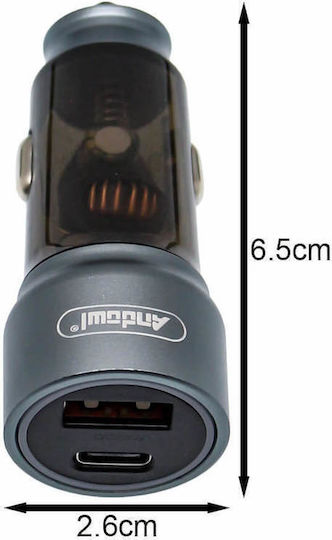 Andowl Q-DC50A Car Charger 60W with Ports 1xUSB 1xType-C including Type-C Cable Gray Color
