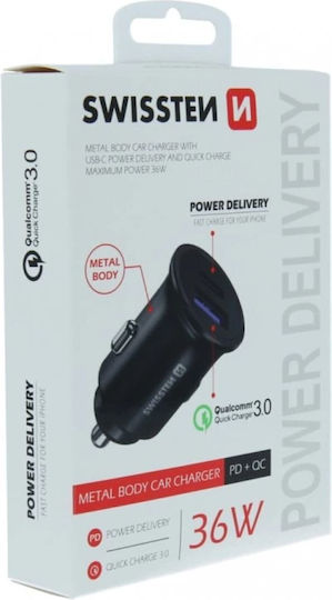 Swissten Încărcător Auto 36W Încărcare Rapidă cu Porturi: 1xUSB 1xType-C Negru Culoare