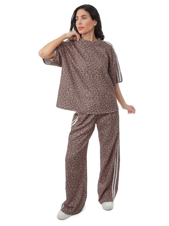 Braunes Set Damenhosen Bluse Animal Print Streifen