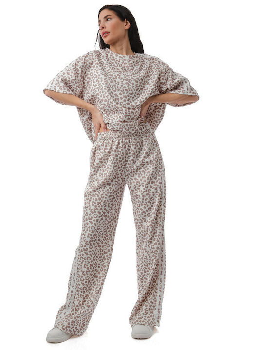 Μπεζ Σετ Παντελόνα Μπλούζα Animal Print Ρίγες