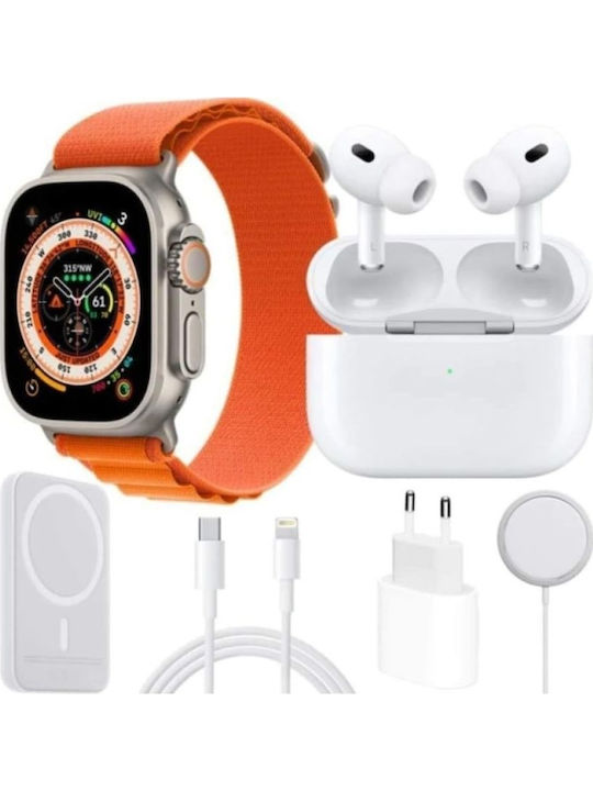 Πλήρες Σετ 8 1 Smartwatch 2″ Ασύρματα Ακουστικά Φορτιστή Καλώδια Εξωτερική Μπαταρία Χ8 Combo Λαμπάδα Στρογγυλή Πορτοκαλί (Διάφορα Σχέδια)
