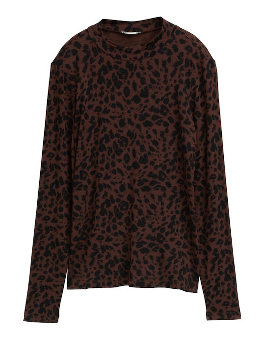 Women's Blouse Brown Black Small Leo Print