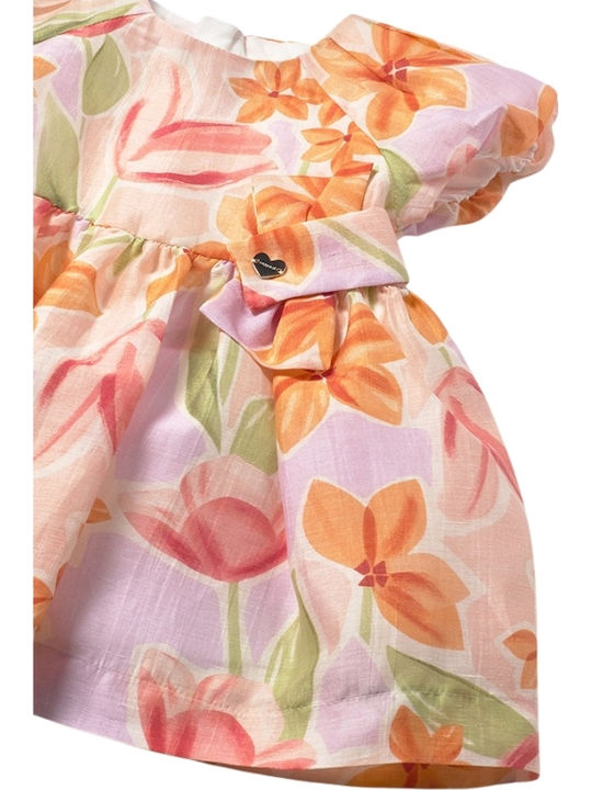 Mädchenkleid Kurzärmelig Leinen Blumen Set aus 2 mit Zubehör Rosa Sanft