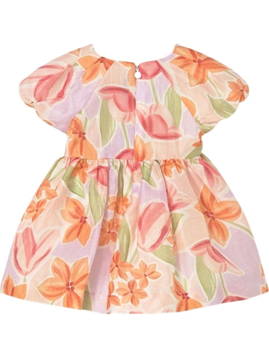 Mädchenkleid Kurzärmelig Leinen Blumen Set aus 2 mit Zubehör Rosa Sanft