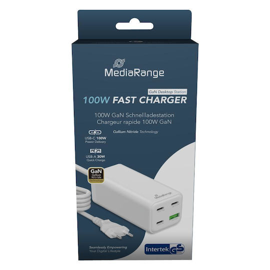 MediaRange GaN Charging Station with USB-A Port and 3 USB-C Ports 100W Power Delivery / Quick Charge 3.0 in White (MRMA124)