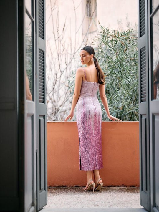 Summer Midi Evening Dress with Tearing Pink