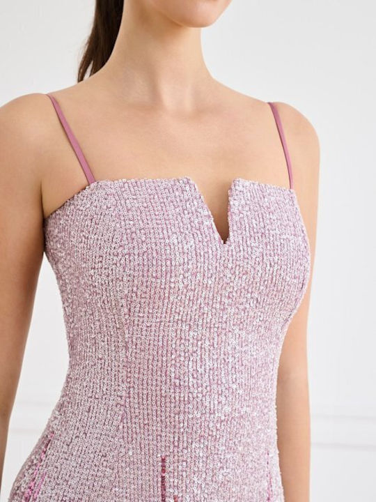 Summer Midi Evening Dress with Tearing Pink