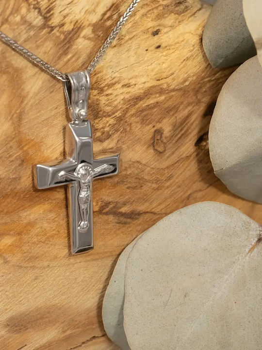 Männlicher Weißgold Kreuz 9K Beidseitig mit dem Erestaurierten mit Kette