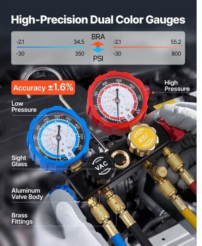 Ac Multiple Inlet Gauge Set Vevor Refrigerant R134a R404a R1234yf R22 Ac 4 Way Gauge Hoses 1.5 M Adapters Quick Couplers Valves Car Air Conditioner Maintenance Charging Evacuation