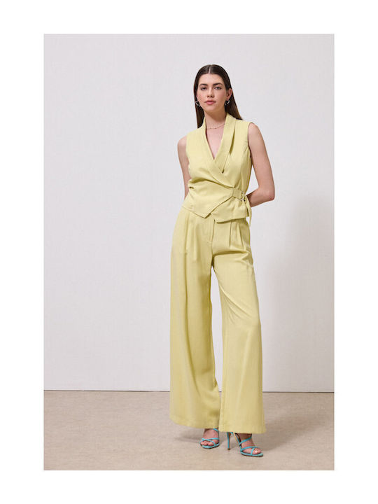Pantaloni Dama Largi High Rise Galbeni Lemon