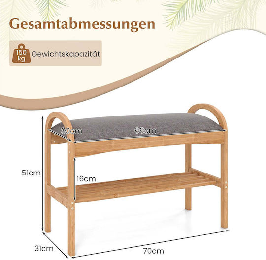 Текстилен шкаф за обувки с пейка от бамбук, бежов, Д70xШ31.5xВ51 cm