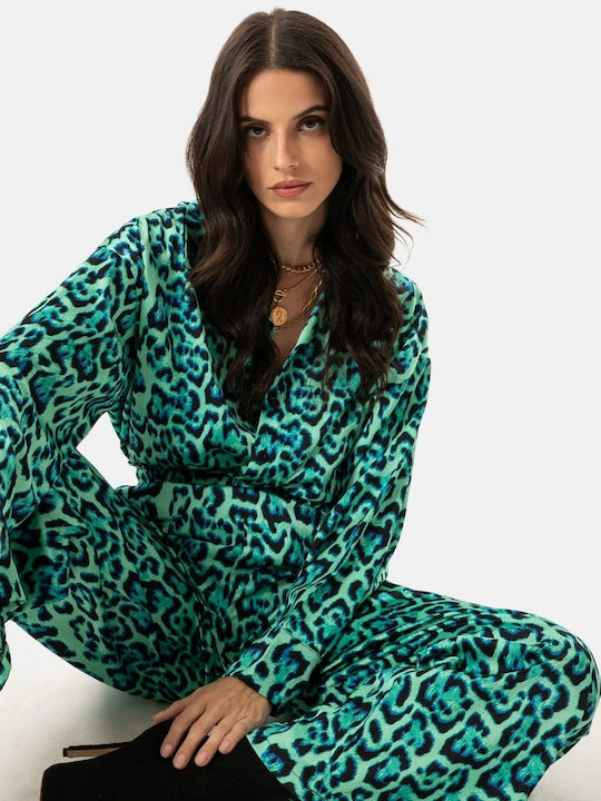 Long Sleeve Women's Satin Shirt Green