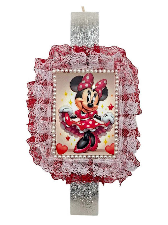 Λαμπάδα Χειροποίητη Πλακέ Αρωματική Minnie Mouse Καδράκι Λευκή-κόκκινη Δεντέλα 25 Εκ