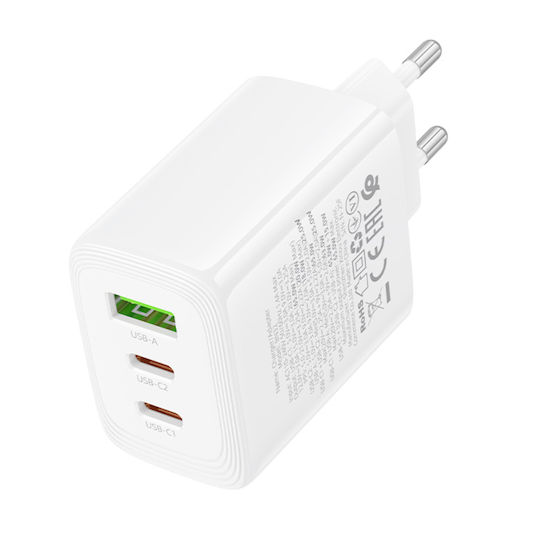 Borofone Charger Without Cable GaN with USB-A Port and 2 USB-C Ports 65W Power Delivery / Quick Charge 3.0 Whites (BN32 Cargador)