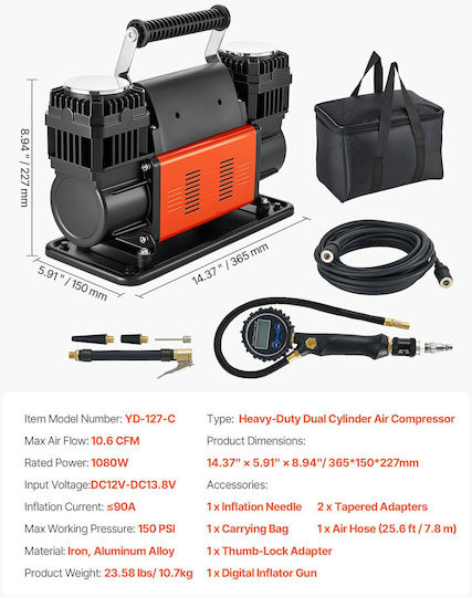 Vevor Τρόμπα Αυτοκινήτου 150PSI με Κροκοδειλάκια Μπαταρίας 12V