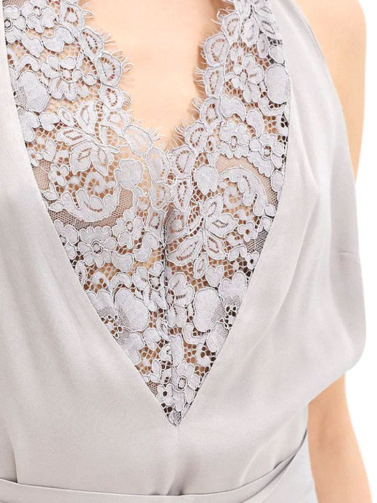 Women's Satin Sleeveless Blouse with Neck Tie Gray