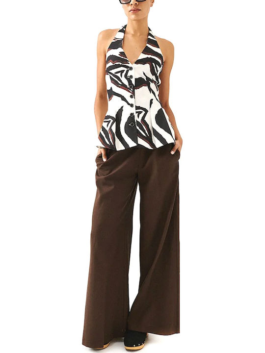 Women's Sleeveless Blouse with V-Neckline Animal Print Brown-Black