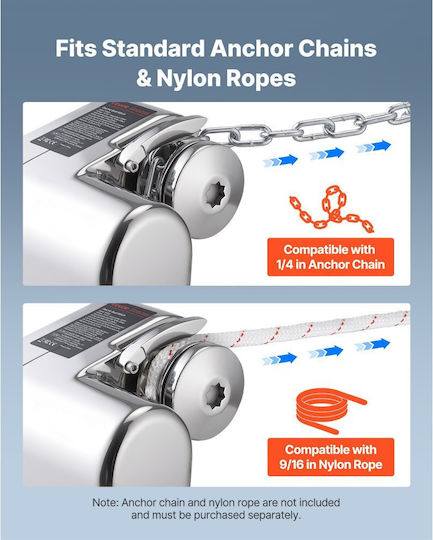 Vevor Οριζόντιος Βίντσι Ψαρέματος 12v Dc 600w Συστήματα Άγκυρας Βίντσι Αλυσίδα 6,35 Mm Ή Σχοινί Νάιλον 14,3 & 15,9 Mm Μέγιστη Έλξη 260 Kg Κατασκευή Ανοξείδωτο Ατσάλι 316 Σκάφη 7-9 M