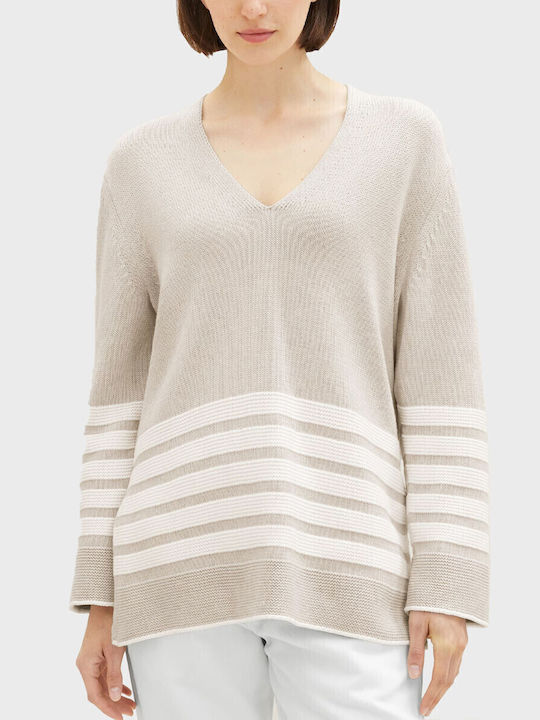 Women's Long Sleeve Sweater Cotton with V Neckline Striped Beige