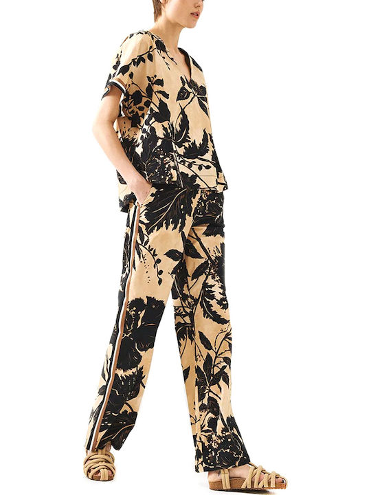 Women's Summer Cotton Short Sleeve Blouse with V-Neck Floral Brown
