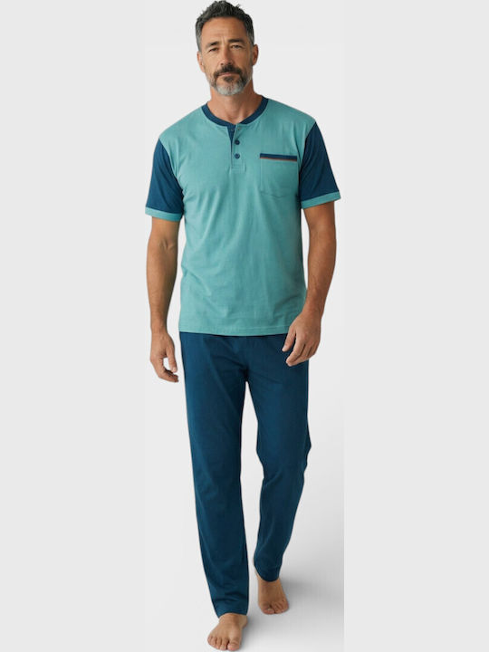 Ανδρική Πιτζάμα Καλοκαιρινή Collection 100% Βαμβάκι Δύο Παντελόνια Πετρόλ Cl2692-12-πετρόλ