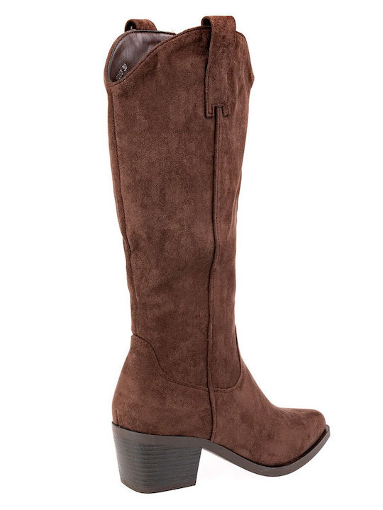 Suede Women's Boots with Medium Heel Brown