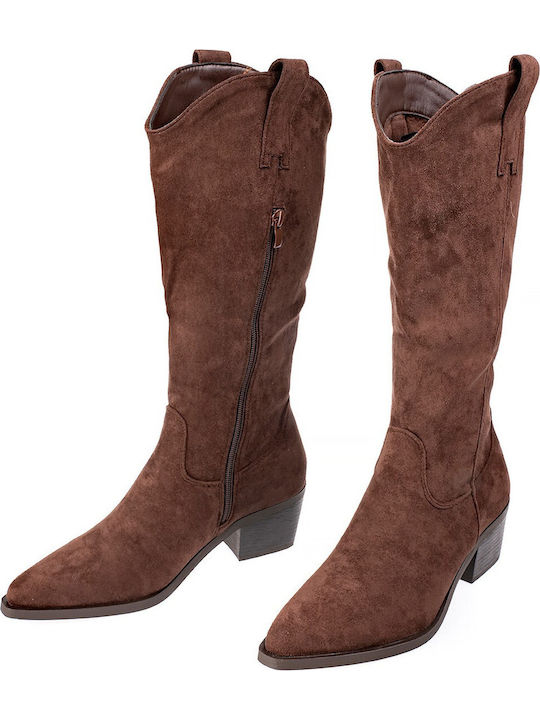 Suede Women's Boots with Medium Heel Brown