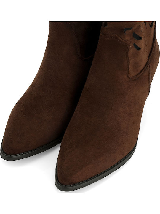 Suede Women's Ankle Boots Cowboy with Mid Heel Brown