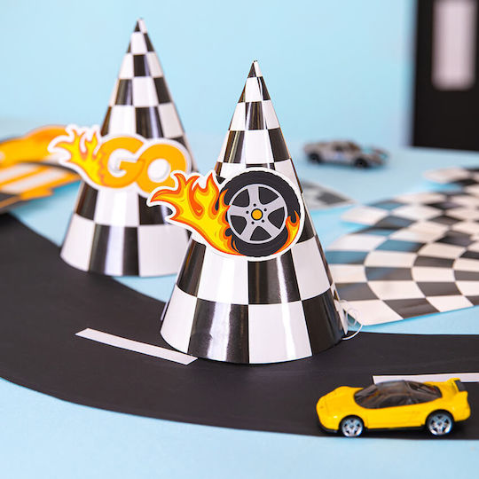 Checkered Black and White Party Hats Race Cars 6 Pieces