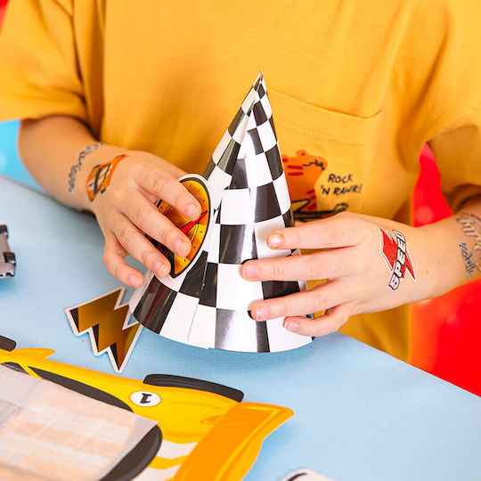 Checkered Black and White Party Hats Race Cars 6 Pieces