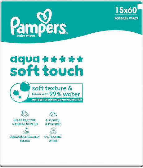 Pampers Aqua Soft Touch Baby Wipes with 99% Water Fragrance Free Alcohol-Free Parabens Free 15x60pcs