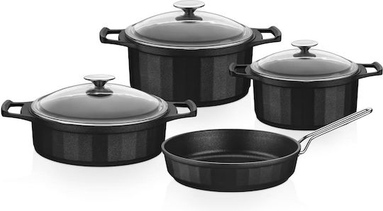 Set De Oale Și Tigaie Vision 7 Piese Cu Capace Din Sticlă Negru 26cm