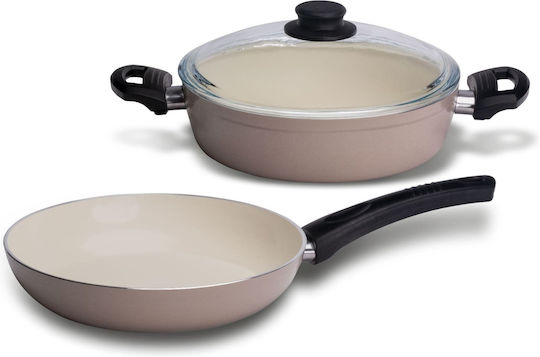 Set De Gătit 3 Piese Cu Tigaie Și Oală Joasă Cu Capac Din Sticlă Bej 26cm