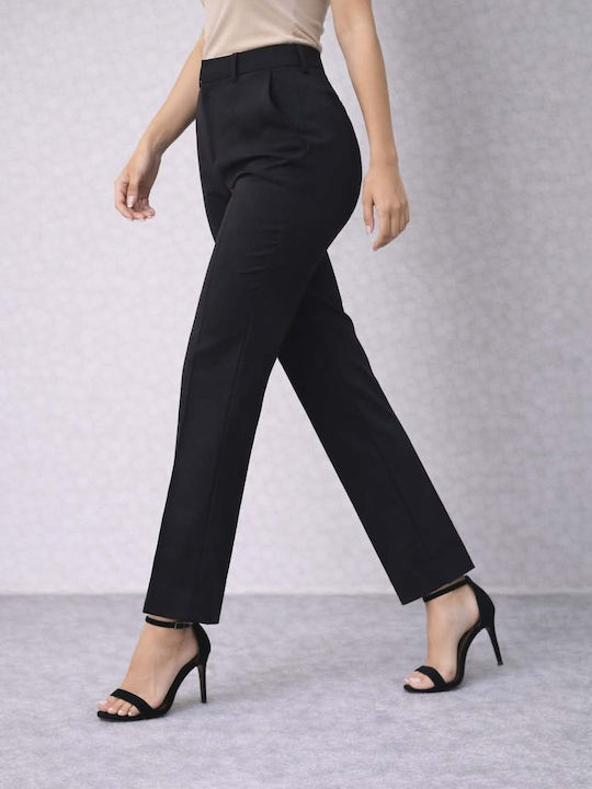Women's High Rise Fabric Trousers in Straight Leg Black