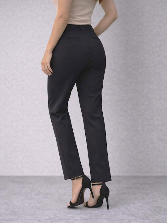 Women's High Rise Fabric Trousers in Straight Leg Black