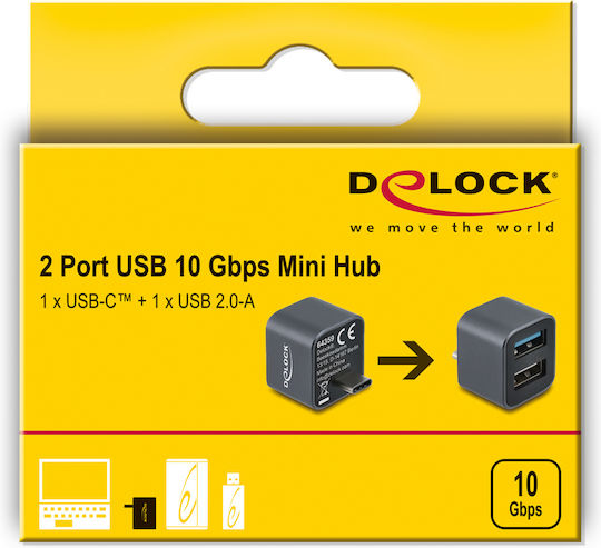 Delock Mini USB-Hub 64359 2x USB 3.2 10Gbps USB-C Verbindung Grau