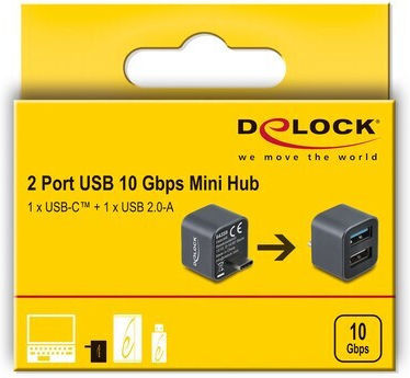 Delock Mini USB-Hub 64359 2x USB 3.2 10Gbps USB-C Verbindung Grau