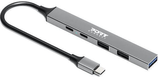 Port Designs USB-Hub 4 Anschlüsse USB 3.0 mit USB-C Verbindung Grau