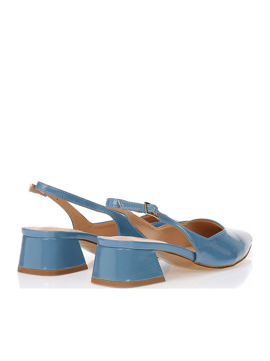 Pointed Toe Heels in Patent Leather with Chunky Low Heel Blue