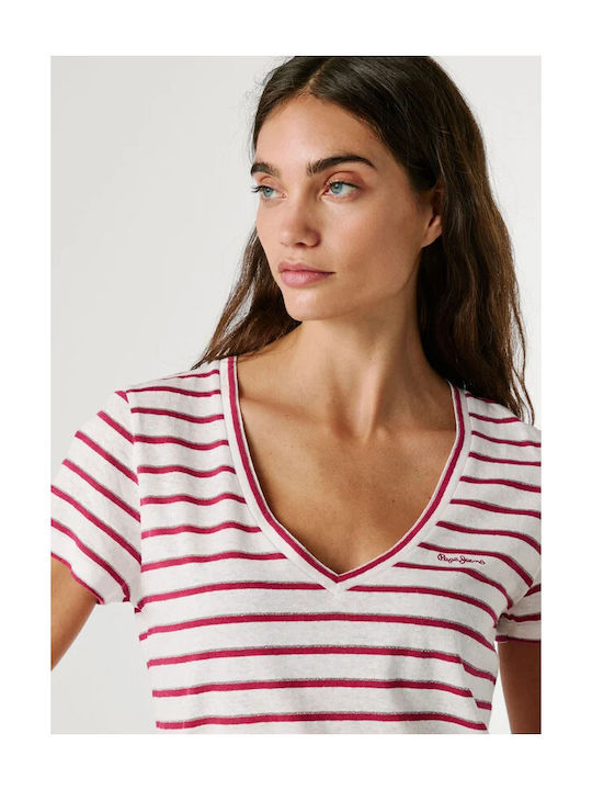 Megan Women's Blouse with V Neckline Striped White