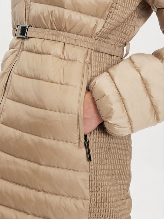 Μακρύ Γυναικείο Puffer Μπουφάν για Χειμώνα Beige