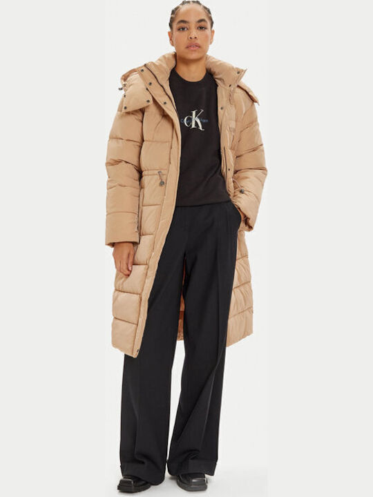 Μακρύ Γυναικείο Puffer Μπουφάν για Χειμώνα Beige