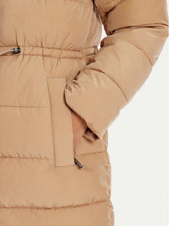 Μακρύ Γυναικείο Puffer Μπουφάν για Χειμώνα Beige
